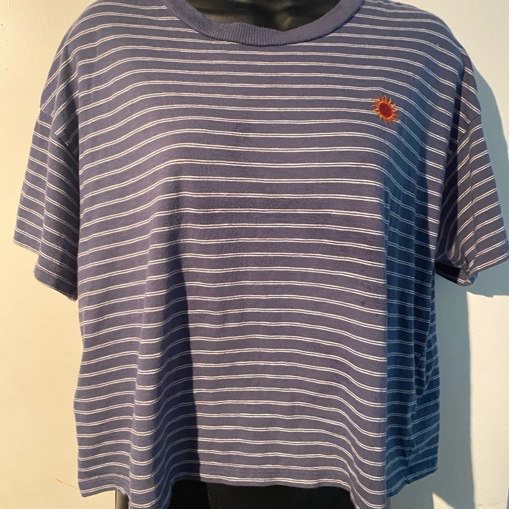 American Eagle Navy Striped Shirt with Sun Embroidery Size L